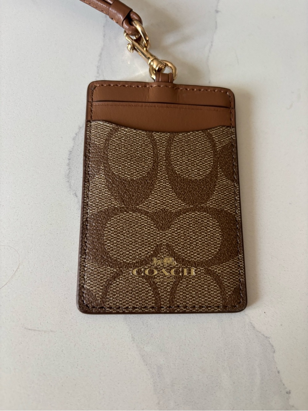Coach Brown Signature Canvas ID Card Holder with Lanyard
